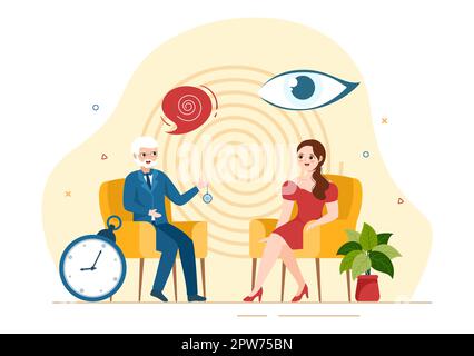 Hypnose mit Schwarz-Weiß-Spiralen, die einen veränderten Geisteszustand für Behandlungsdienste in einer flachen, handgezeichneten Schablone erzeugen Stockfoto