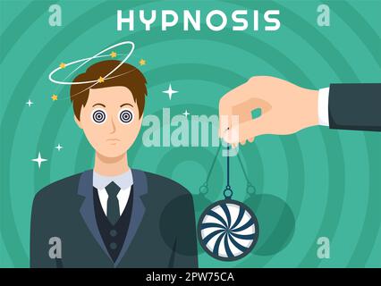 Hypnose mit Schwarz-Weiß-Spiralen, die einen veränderten Geisteszustand für Behandlungsdienste in einer flachen, handgezeichneten Schablone erzeugen Stockfoto