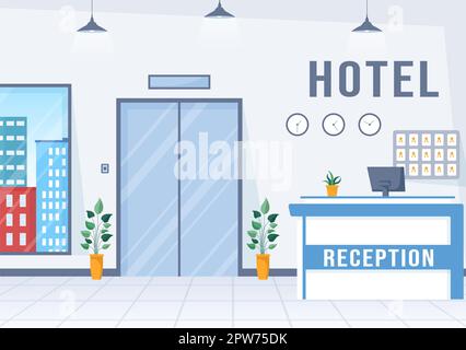 Hotelrezeption Innenansicht mit Rezeptionisten und Reisenden für die Buchung in Flat Cartoon handgezeichnete Vorlage Illustration Stockfoto