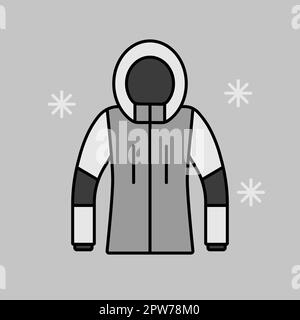 Winterjacke isoliertes Graustufensymbol. Winterschild. Diagrammsymbol für Reise- und Tourismus-Website und -Apps-Design, Logo, App, UI Stockfoto