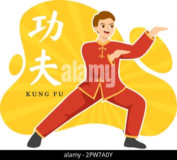 Kung-Fu-Illustration mit Menschen, die chinesische Kampfsportkunst in flachem, handgezeichneten Cartoon für Webbanner oder Landing-Page-Vorlagen zeigen Stock Vektor