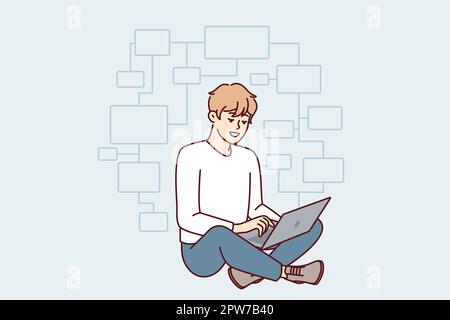 Der junge Programmierer sitzt mit Kreuzbein auf dem Boden, während der Laptop auf dem Schoß sitzt und Apps erstellt Stock Vektor