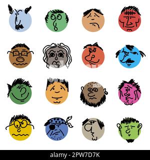 Farbige Doodle Heads. Runde Comic-Gesichter mit verschiedenen Emotionen. Zeichenstil. Verschiedene bunte Charaktere. Leute im Cartoon-Stil. Handgezeichnet t t Stockfoto