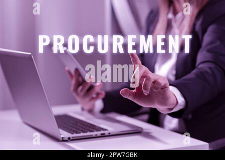 Schriftstück mit Text Beschaffung, Wort geschrieben über Beschaffung von Ausrüstung und Verbrauchsmaterial Stockfoto