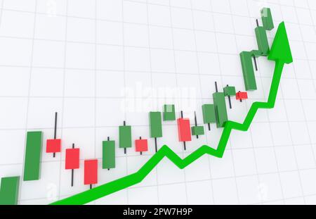 Börsenboom, finanzielle Gewinne, sicheres Anlagekonzept. Grüner Pfeil steigt über Kerzenschein. Digitale 3D-Wiedergabe. Stockfoto