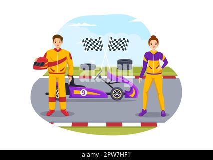 Kart-Sport mit Rennspiel Go Kart oder Mini-Auto auf einer kleinen Rennstrecke in einer flachen, handgezeichneten Schablone Stockfoto
