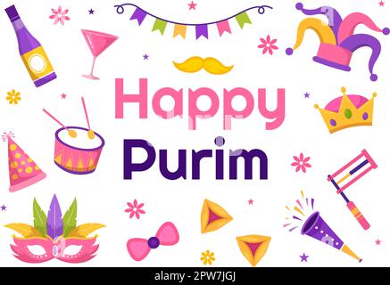 Happy Purim Illustration mit Karnevalsmasken, jüdischem Feiertag und Funfair in flachem Cartoon, handgezeichnet für Webbanner oder Landing-Page-Vorlagen Stock Vektor