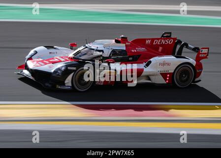 Stavelot, Belgien. 28. April 2023. Der japanische Fahrer Kamui Kobayashi von Toyota Gazoo Racing fährt den Toyota GR010 - Hybrid-Rennwagen während des Qualifikationsrennen der Hypercar-Kategorie für die 6 Stunden Spa-Francorchamps, der dritten Runde der FIA-Weltausdauermeisterschaft (WEC) 2023 auf dem Circuit de Spa-Francorchamps in Stavelot, Belgien, am 28. April 2023. Kredit: Zheng Huansong/Xinhua/Alamy Live News Stockfoto