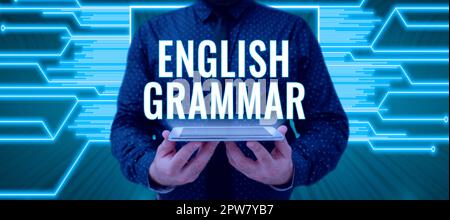 Textunterschrift mit englischer Grammatik und Kursen zum Geschäftskonzept decken alle Ebenen des Sprech- und Schreibens in englisch ab Stockfoto