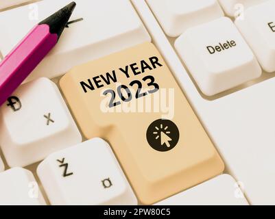 Konzeptüberschrift Silvester 2023, Word for Greeting Holiday Fresh Start Best wishes Stockfoto