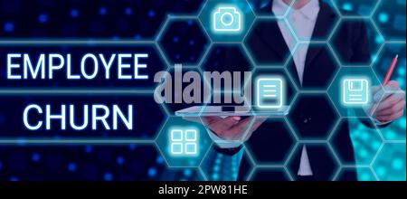 Handgeschriebener Text Mitarbeiterabwanderung, Unternehmen zeigt Änderungsrate vorhandener Arbeiten gehen verloren und werden neu hinzugefügt Stockfoto