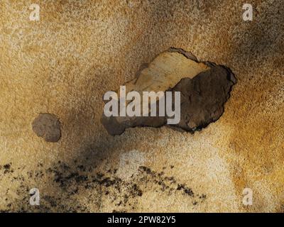 Alte rissige verputzte Backsteinwand-Hintergrundstruktur. Verschmutzte, abgeblätterte Putzwand mit abfallenden Farbflecken. Stockfoto