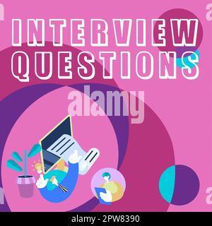Inspiration mit Vorzeichen Interviewfragen, Internetkonzept typisches Thema, das während eines Interviews gestellt oder erkundigt wird Stockfoto