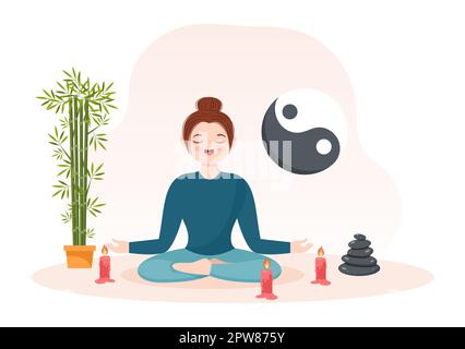 Feng Shui Oriental Philosophie mit Stones, People and Plants for positive Energy von fünf Elementen in Flat Cartoon Hand Drawn Templates Illustration Stockfoto