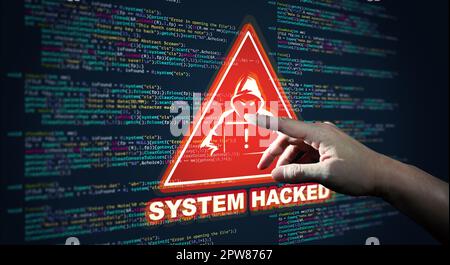 Hand zeigt Abstract moderne Technologie der Programmierung Code-Bildschirm mit Warnung des Systems gehackt. Viren, Malware, Cyber-Angriffe und Internet-Cyber-Angriffe Stockfoto