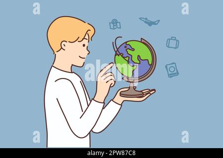 Ein lächelndes Kind, das auf die sich drehende Kugel schaut und ein Objekt in den Händen hält. Fröhliches Kind, genieße es, den Planeten zu entdecken. Geografie und Hobby. Vektordarstellung. Stockfoto