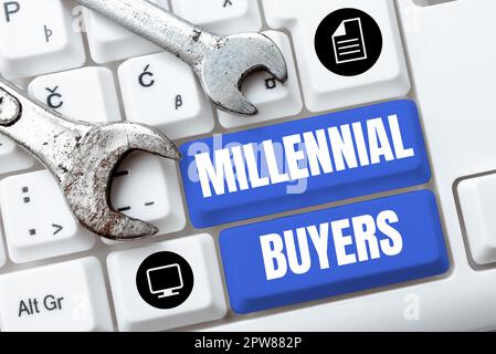 Konzeptionelle Überschrift Millennial Buyers, Word geschrieben über die Art der Verbraucher, die an Trendprodukten interessiert sind Stockfoto
