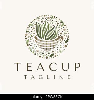 Kreisförmiges, dekoratives Logo für Teetassen. Vintage Teeblatt-Logo-Vektor. Stock Vektor