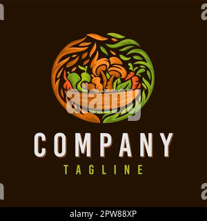 Moderne, farbenfrohe Designvorlage für vegane Speisen. Grafik mit Logo für das Kochen von Gemüse. Stock Vektor