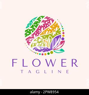 Farbenfrohes Blumenlogo. Lustiger dekorativer Logo-Vektor mit Blumenmuster. Stock Vektor