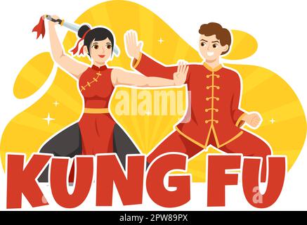 Kung-Fu-Illustration mit Menschen, die chinesische Kampfsportkunst in flachem, handgezeichneten Cartoon für Webbanner oder Landing-Page-Vorlagen zeigen Stock Vektor