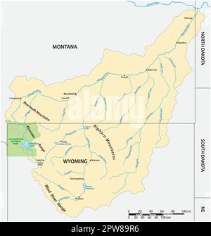 Vektorkarte des Yellowstone Riverbasin in Montana und Wyoming, USA Stock Vektor