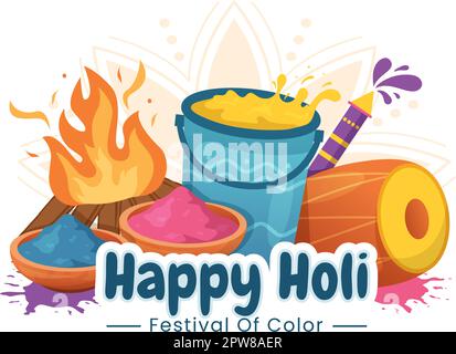 Happy Holi Festival Illustration mit farbenfrohem Töpfchen und Pulver in Hindi für Webbanner oder Landing Page in flachen, handgezeichneten Cartoon-Vorlagen Stock Vektor