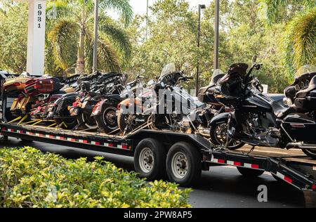 Sarasota, Florida, USA - 24. April 2023: LKW-Plattform mit einer Reihe von Harley-Davidson-Motorrädern, die zum Campen bereit sind Stockfoto