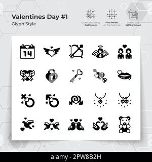 Valentinstag-Ikone in Glyph Black mit einem Liebes- und Herzmotiv. Eine Sammlung von Liebes- und Romantik-Vektorsymbolen für die Valentinstagsfeier. Stock Vektor