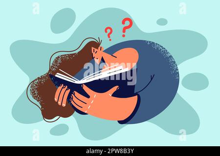 Verwirrte Frau, die Buch liest Stock Vektor