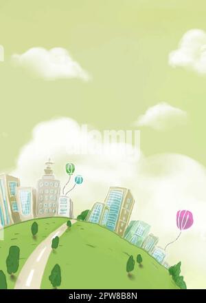 Illustration grüne Wiesenlandschaft mit weißen Wolken zum Überziehen von Büchern, zum Ausdrucken von umweltfreundlichen Postern, Präsentationen und Terrassen für Unternehmen oder Unternehmen, Werbung, Anzeigen, Marketingmaterialien Stock Vektor
