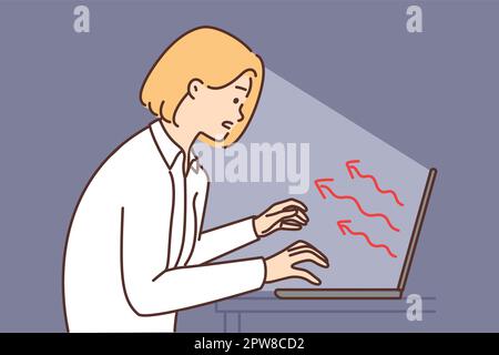 Die Frau tippt auf der Tastatur, streckt die Hände auf den Laptop, was sich negativ auf die Gesundheit oder die Psyche auswirkt Stock Vektor