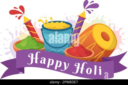 Happy Holi Festival Illustration mit farbenfrohem Töpfchen und Pulver in Hindi für Webbanner oder Landing Page in flachen, handgezeichneten Cartoon-Vorlagen Stock Vektor