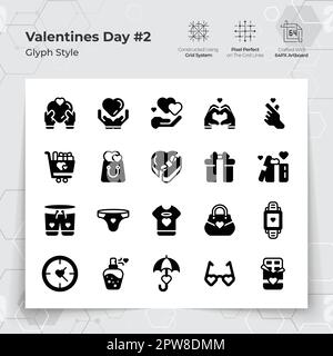 Valentinstag-Ikone in Glyph Black erfüllt den Stil mit Geschenken und verlieben sich. Eine Sammlung von Liebes- und Romantik-Vektorsymbolen für die Valentinstagsfeier. Stock Vektor