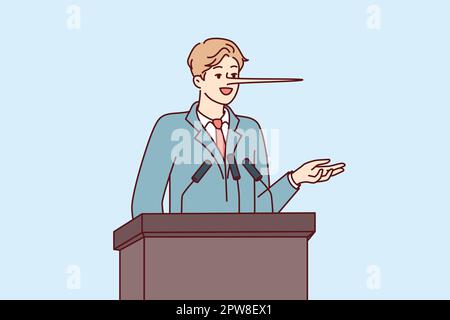 Ein unehrlicher Politiker mit langer Nase steht während des Wahlkampfs hinter dem Podium Stock Vektor