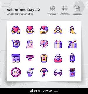 Valentinstag-Ikone in flachen Farbtönen mit Geschenken und „Verlieben“-Motiven. Eine Sammlung von Liebes- und Romantik-Vektorsymbolen für die Valentinstagsfeier. Stock Vektor