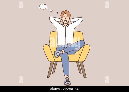 Ein lächelnder Mann sitzt auf dem Stuhl und sitzt Stock Vektor