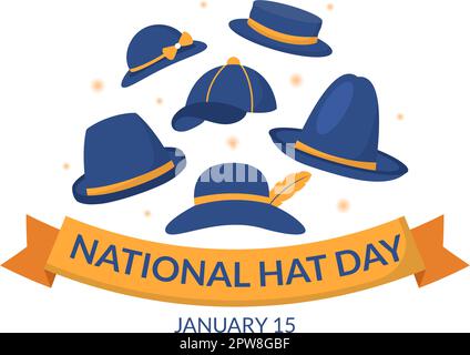 National hat Day gefeiert jedes Jahr am 15.. Januar mit Fedora Hüte, Mütze, Cloche oder Derby in Flat Cartoon Hand Drawn Templates Illustration Stock Vektor