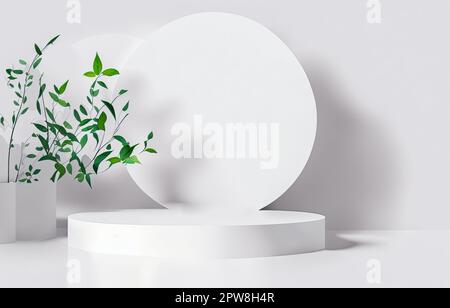 Produktplatzierung. Moderne minimalistische, leere, weiße Marmorsteinfläche, Blattschatten an der Wand für luxuriöse organische Kosmetik, Hautpflege, b Stockfoto