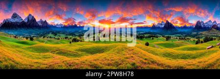 Unglaubliche Naturlandschaft. Landschaft bei Sonnenuntergang. Atemberaubende Panoramaaussicht. Idyllische Landschaft. Herrliche Landschaft mit Bergen oder Hügeln. Gener Stockfoto