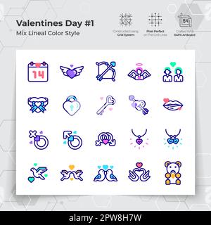 Valentinstag-Ikone in Linienfarbe füllen Stil mit Liebe und Herz. Eine Sammlung von Liebes- und Romantik-Vektorsymbolen für die Valentinstagsfeier. Stock Vektor