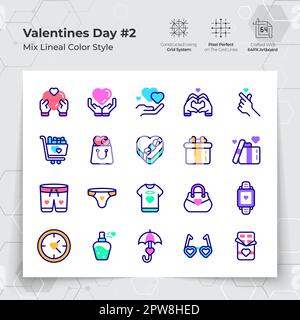 Valentinstag-Ikone in Linienfarbe füllen den Stil mit Geschenken und verlieben sich. Eine Sammlung von Liebes- und Romantik-Vektorsymbolen für die Valentinstagsfeier. Stock Vektor