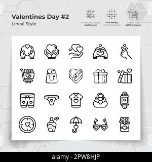 Valentinstag-Ikone mit schwarzer Linie auf Geschenken und „Verlieben“-Motiven. Eine Sammlung von Liebes- und Romantik-Vektorsymbolen für die Valentinstagsfeier. Stock Vektor