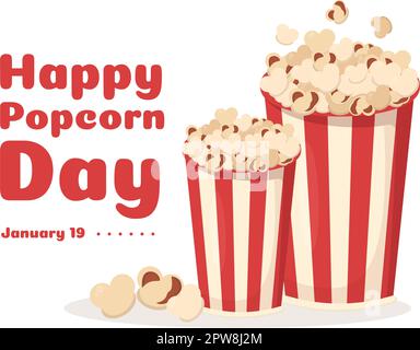 National Popcorn Day am 19.. Januar mit einer großen Box mit roten und weißen Streifen in flachen Cartoon-Hintergrund handgezeichnete Vorlagen Illustration Stock Vektor