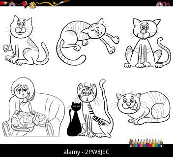 Comic-Charaktere aus Cartoon, Katzen und Kätzchen legen die Malseite fest Stock Vektor