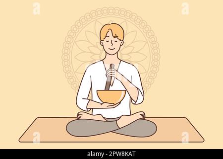 Meditierender Mann, der in Lotusposition auf Yogamatte sitzt und eine Schüssel benutzt, um ein uraltes Ritual durchzuführen Stock Vektor