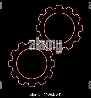 Neon zwei Zahnräder Zahnradsatz Zahnräder mit Arbeitsmechanismus verbunden rote Farbe Vektor Abbildung flach Stock Vektor