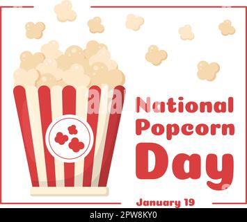 National Popcorn Day am 19.. Januar mit einer großen Box mit roten und weißen Streifen in flachen Cartoon-Hintergrund handgezeichnete Vorlagen Illustration Stock Vektor