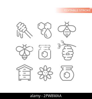 Symbolset für Honig, Biene und Wabenlinie Stock Vektor