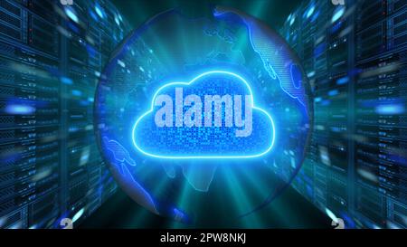 Cloud-Computing-Netzwerkkonzept – Multi-Board in leuchtender Wolke Symbol über transparentem Erdkugel, Hintergrund des Serverraums – 3D-Darstellung Stockfoto